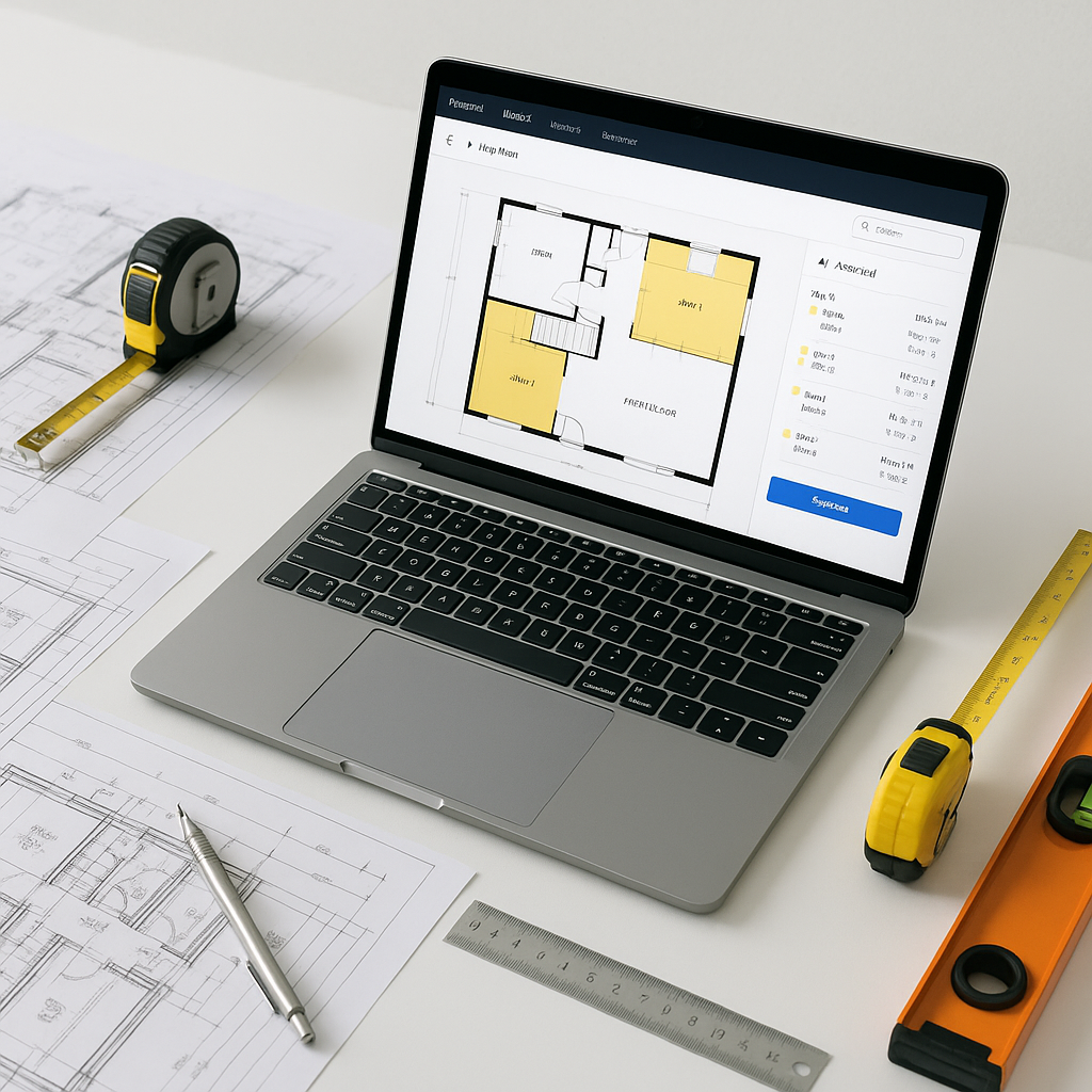 A construction estimator's desk with a laptop showing an AI-powered takeoff interface, surrounded by blueprints and meas...