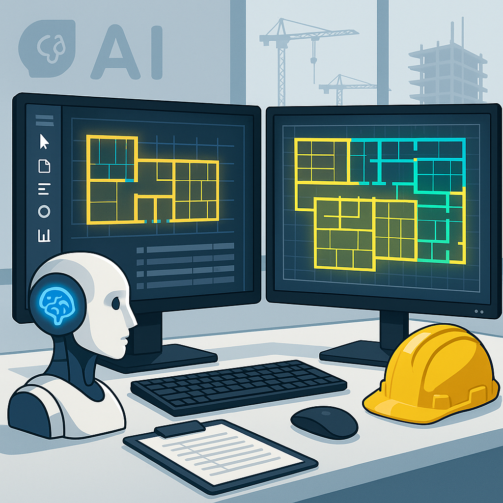 A futuristic construction estimator’s desk: dual monitors displaying takeoff software with highlighted building drawings...