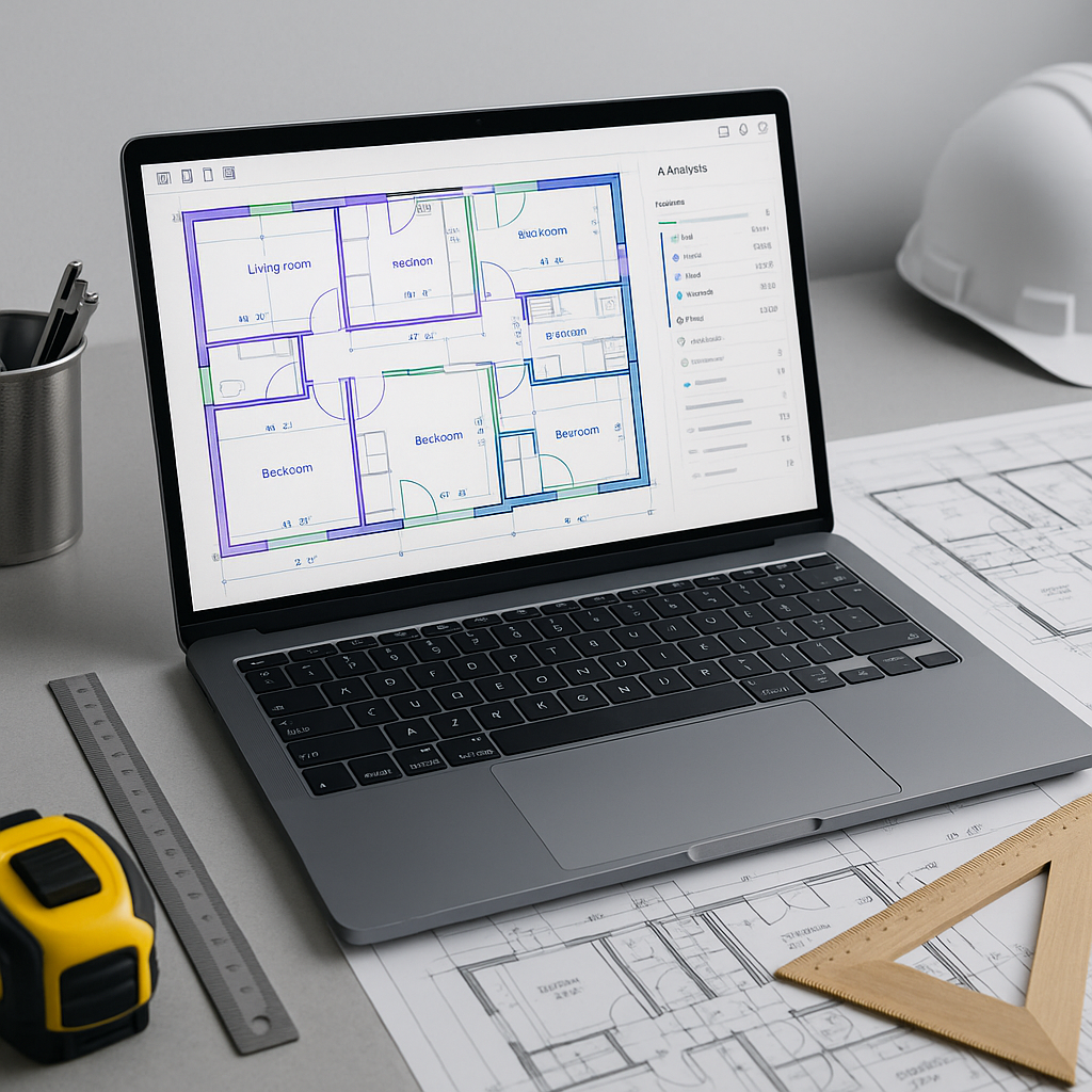 A modern construction estimator's desk with a laptop showing AI-powered takeoff software analyzing a detailed PDF bluepr...