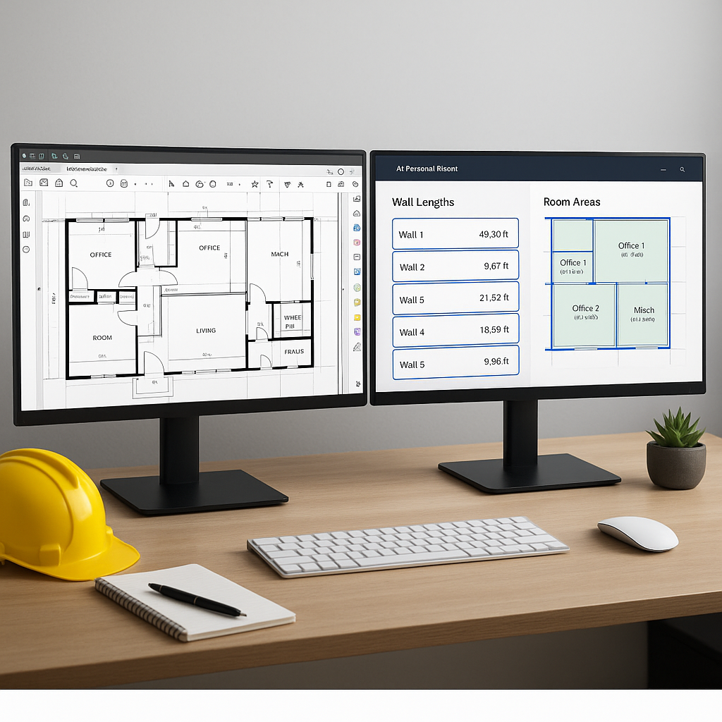 A construction estimator's desk with dual monitors displaying a PDF blueprint alongside AI-powered takeoff software extr...