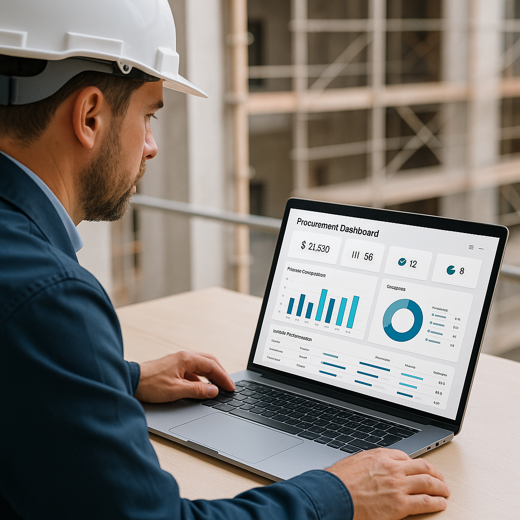 A construction project manager reviewing a digital procurement dashboard on a laptop, with vendor comparison charts and...