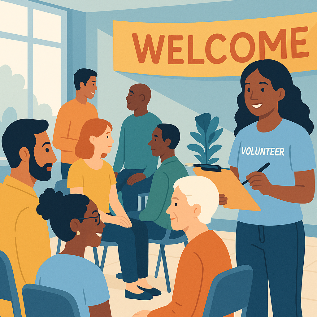 A community center event in progress: diverse attendees, a banner reading 'Welcome', and a volunteer with a clipboard. B...