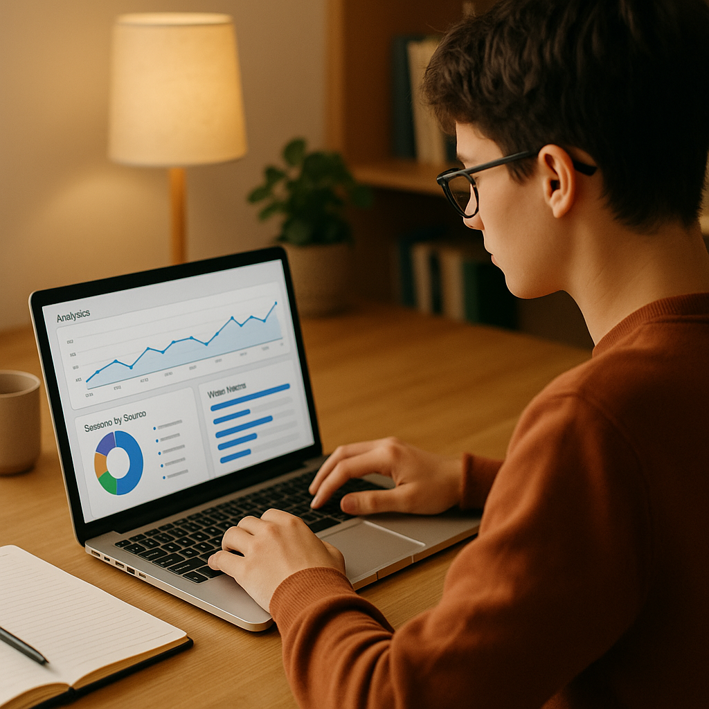 A focused student using a laptop with a visible dashboard showing analytics charts and weak-topic progress indicators, s...