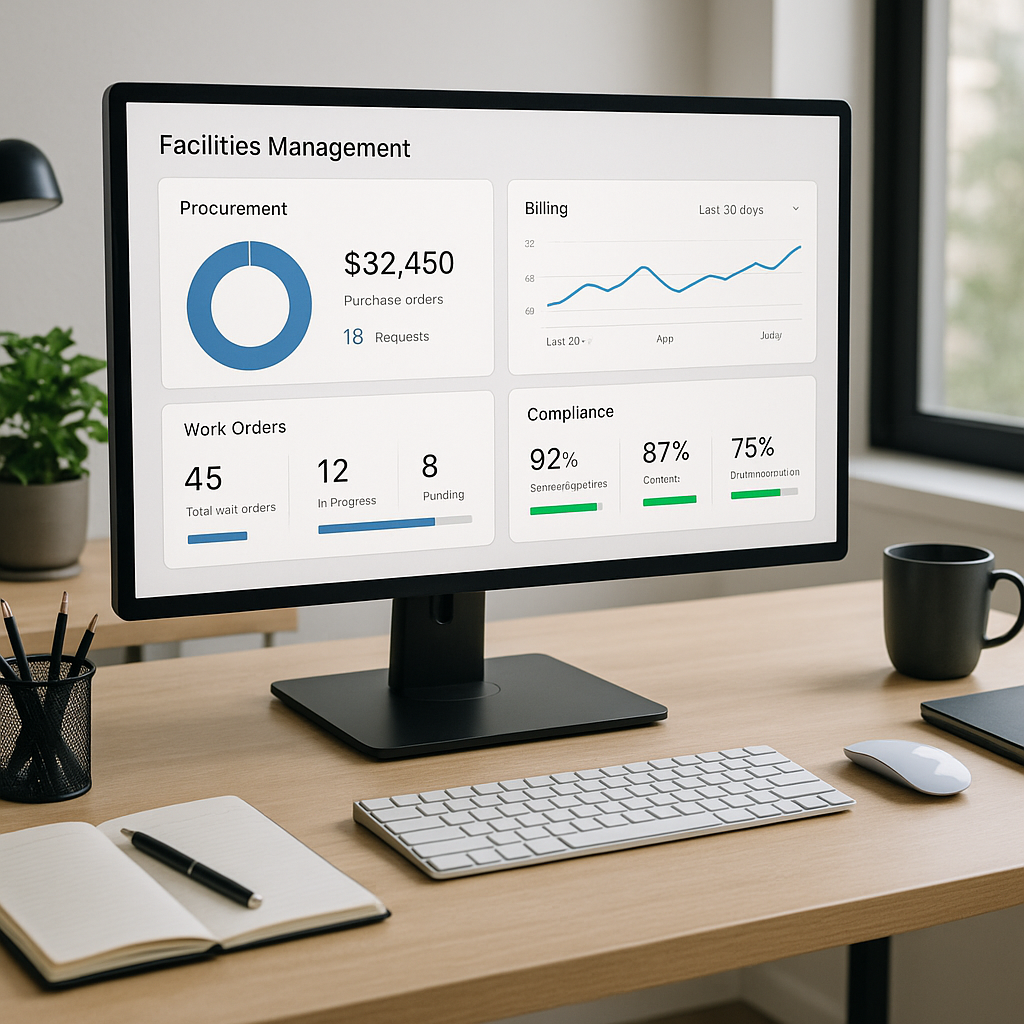 A professional workspace with a dashboard on-screen showing facilities management metrics like procurement, billing, and...