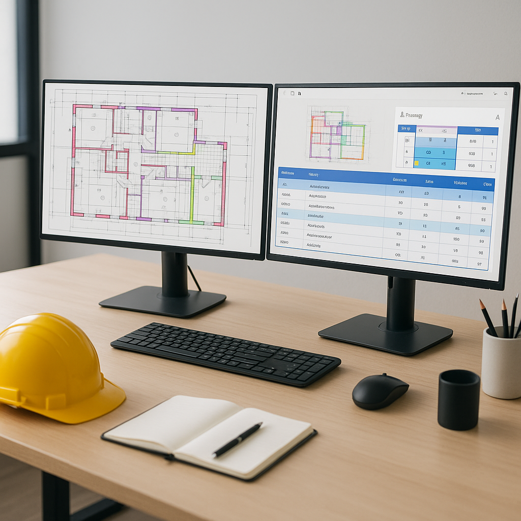 A modern construction estimator's desk with dual monitors displaying an AI-powered takeoff software interface, showing e...