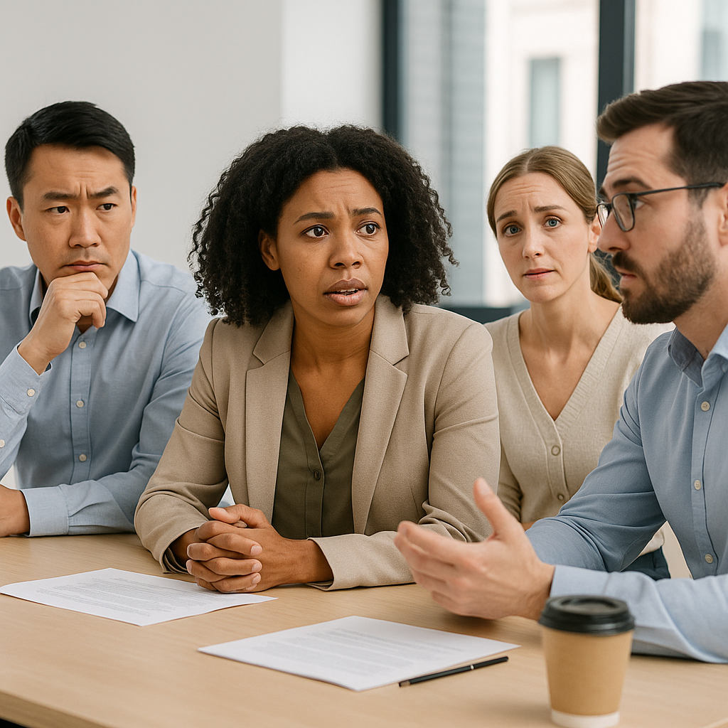 A diverse group of office employees sitting in a bright conference room, discussing workplace morale during a time of gl...