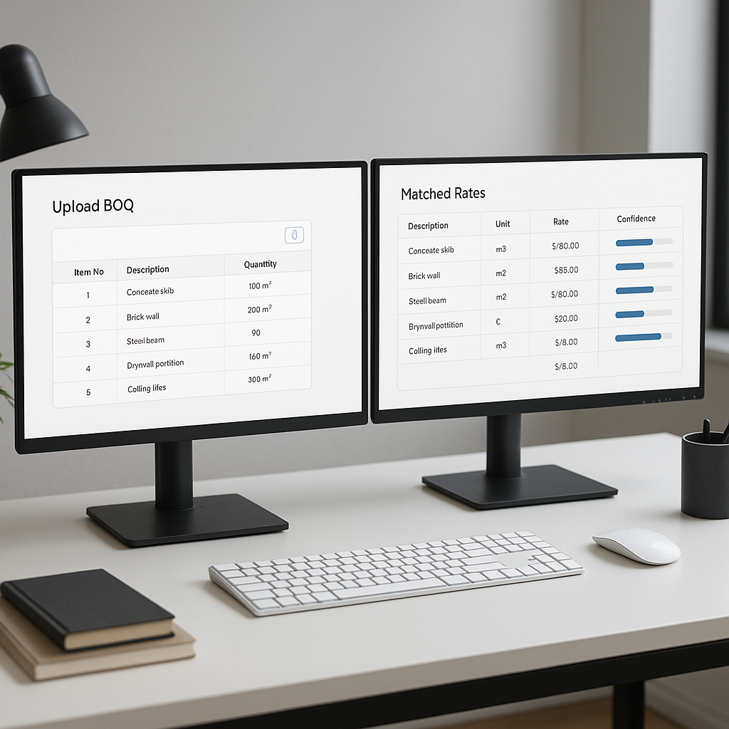 A modern construction estimator's desk with dual monitors displaying an AI-powered rate matching software interface. One...