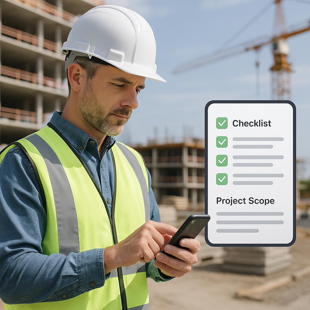 A construction supervisor on-site using a mobile app to evaluate bid criteria with visible elements like a checklist and...