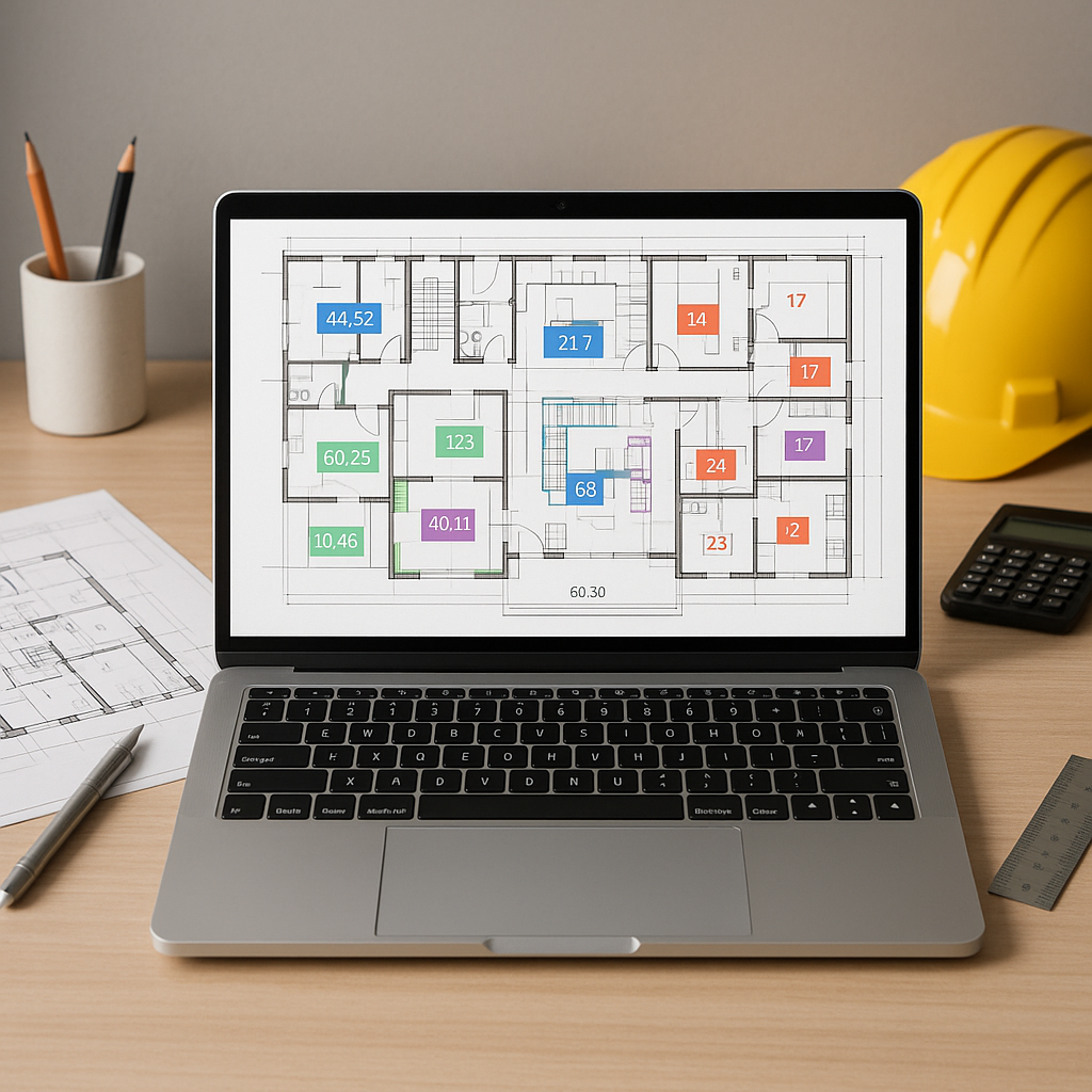 A construction estimator's desk with a laptop screen showing an AI-powered takeoff tool analyzing a complex building blu...