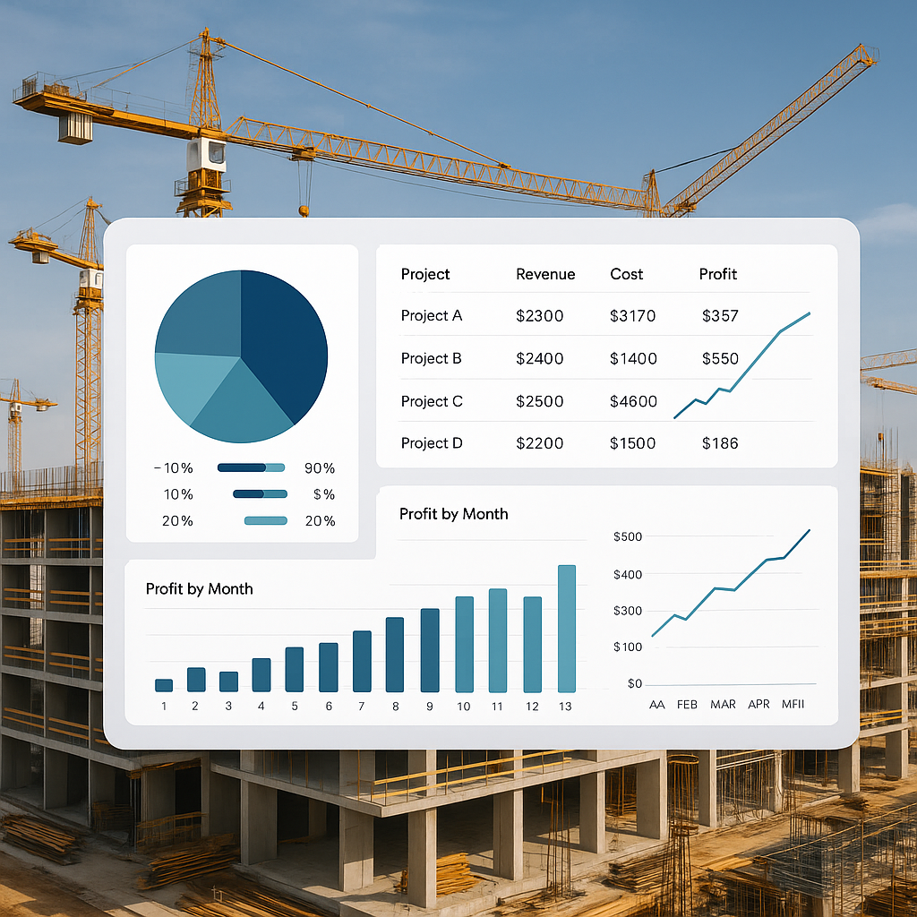 A clean, professional dashboard showing a construction project profitability report with charts and tables, overlaid on...