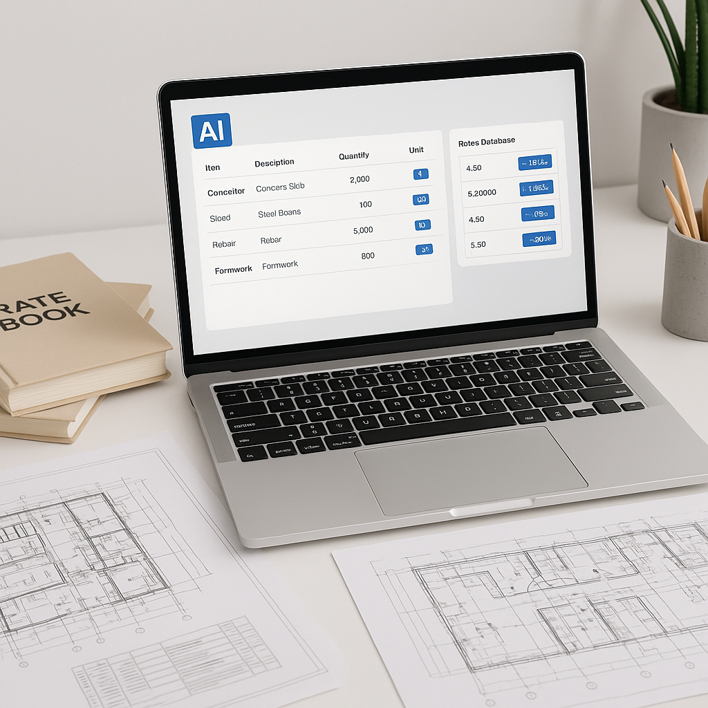 A construction estimator's desk with a laptop displaying AI-powered software matching rates from a database, surrounded...