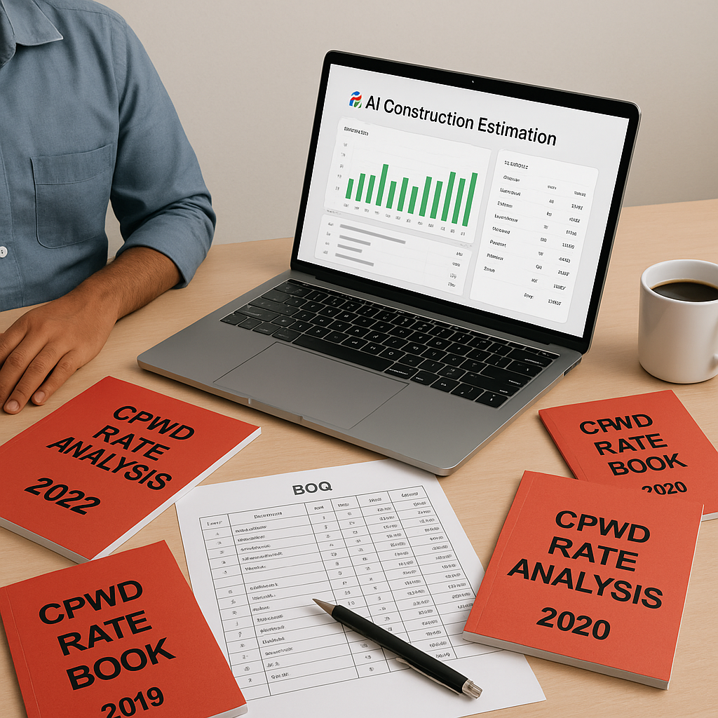 An Indian contractor's desk with a laptop showing an AI-based construction estimation tool, CPWD rate book PDFs scattere...