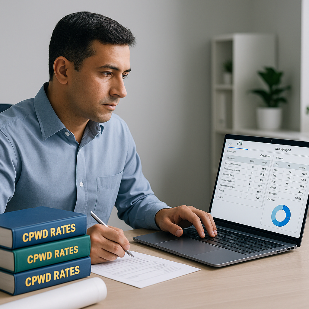 A construction estimator at a desk, surrounded by CPWD rate books, transitioning to using a sleek AI-powered software on...