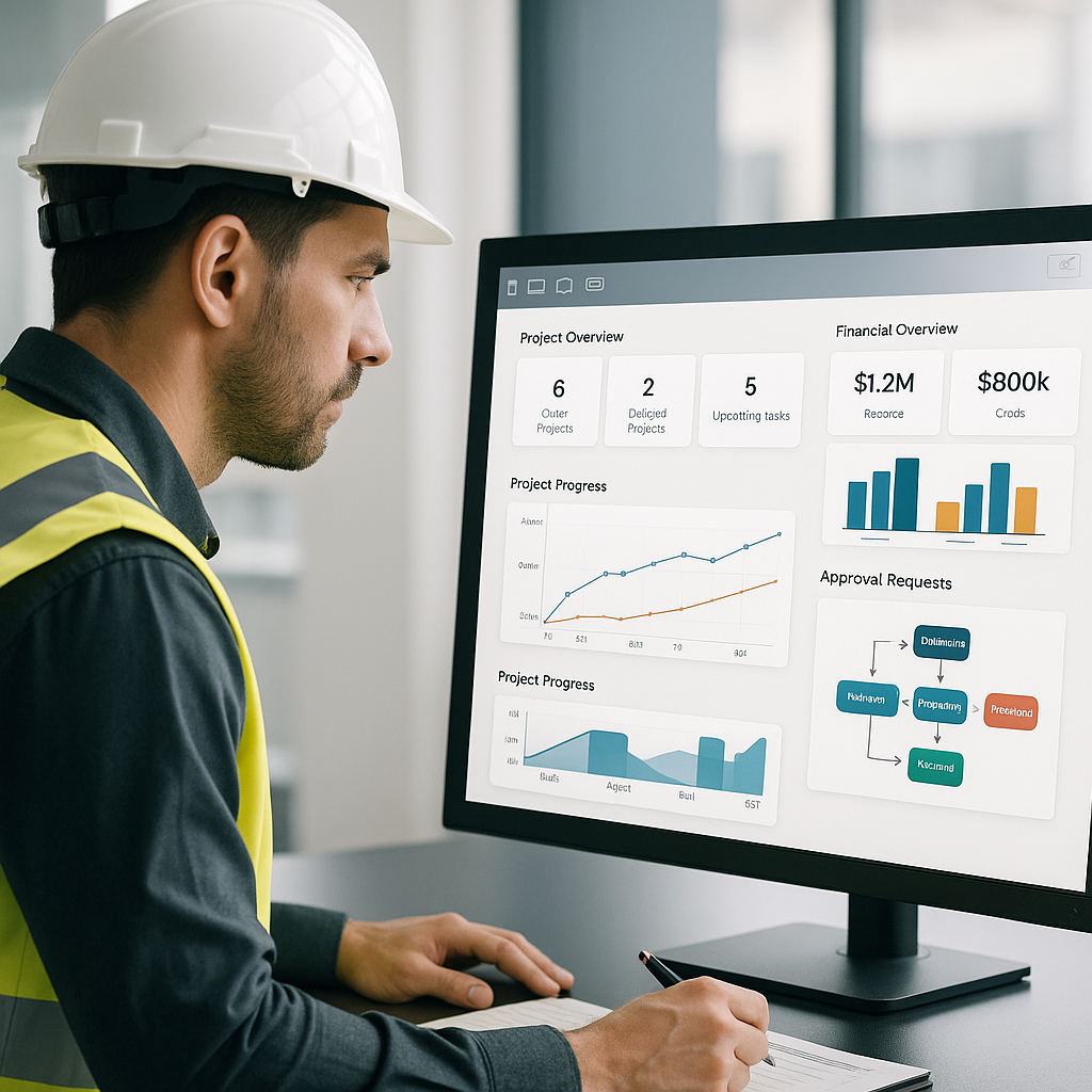 A contractor reviewing project dashboards on a premium ERP software interface, with clear graphs and approval workflows...