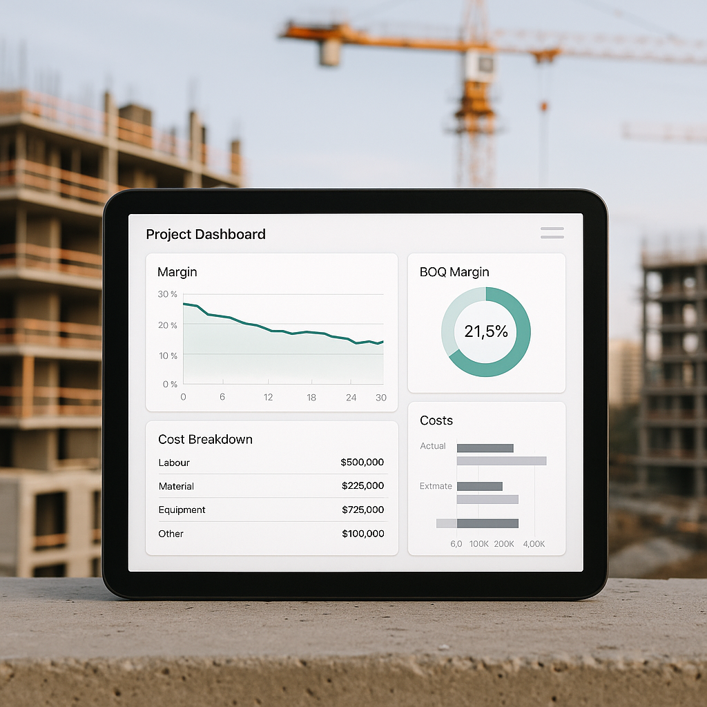 A detailed project dashboard on a tablet, showing real-time BOQ margin tracking with graphs and cost breakdowns, set aga...