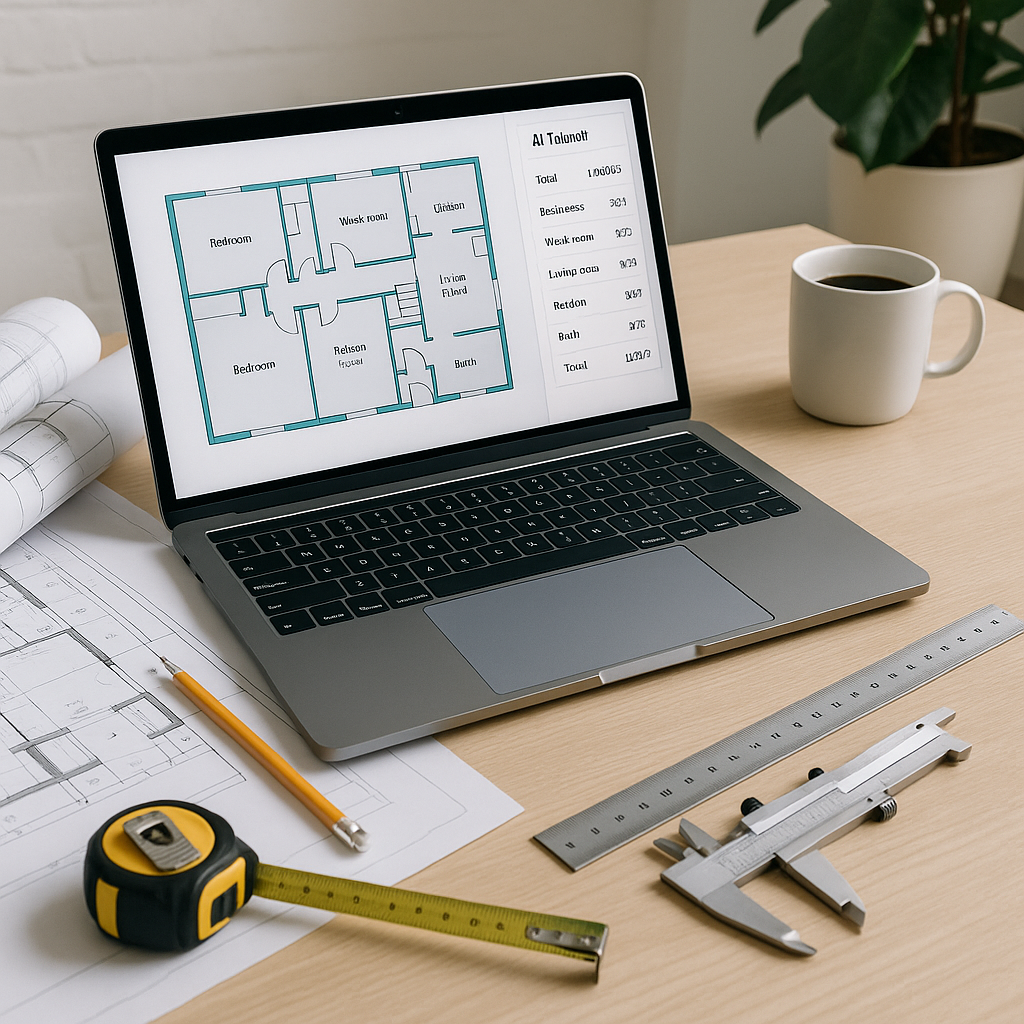 A professional construction estimator's desk with a laptop showing an AI-powered takeoff software interface. The desk ha...