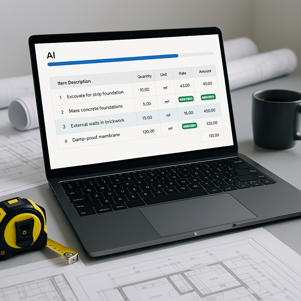 A modern construction estimator's desk with a laptop displaying AI-powered rate matching software. The screen shows a BO...