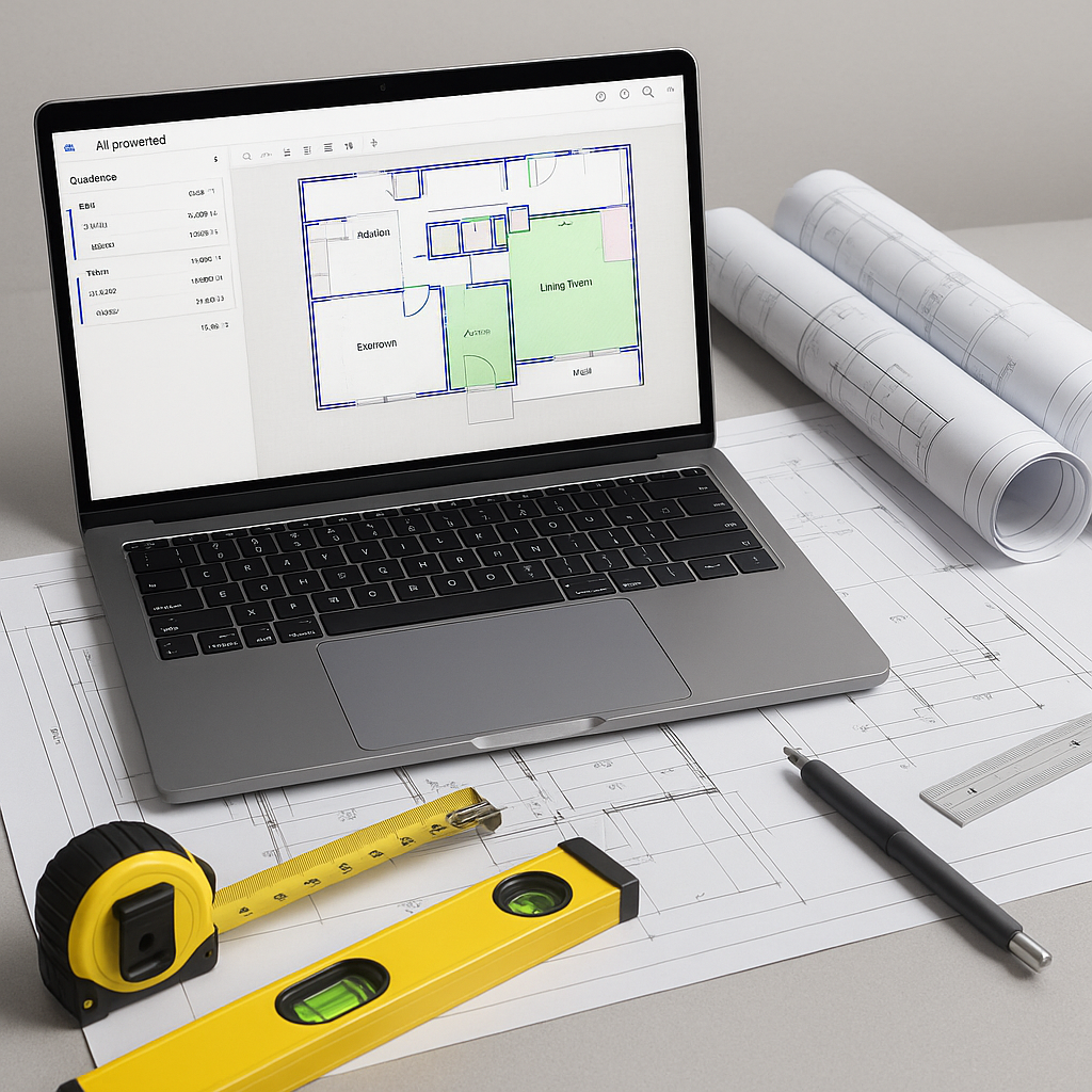 A construction estimator's desk with a laptop showing AI-powered takeoff software, alongside blueprints and measuring to...