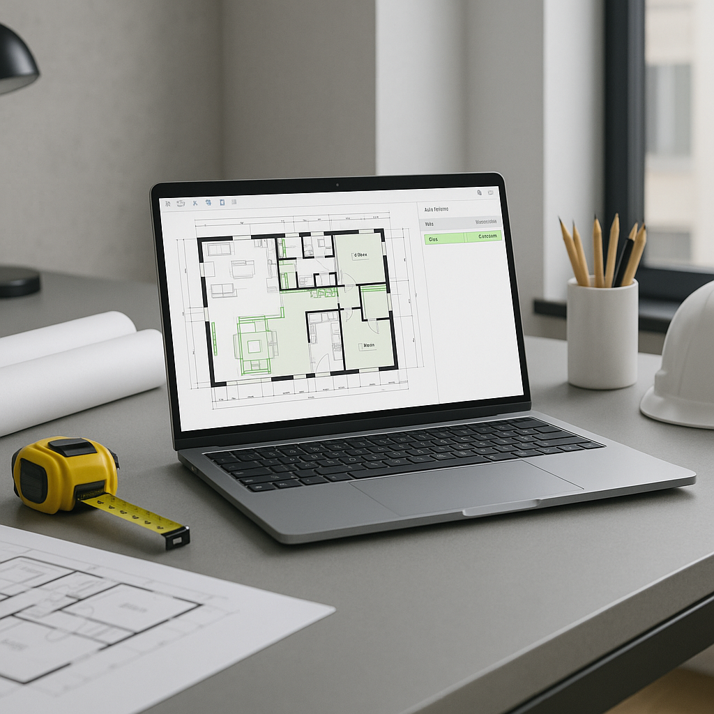 A sleek, modern construction estimator's desk with a laptop displaying an AI-powered takeoff software screen, featuring...