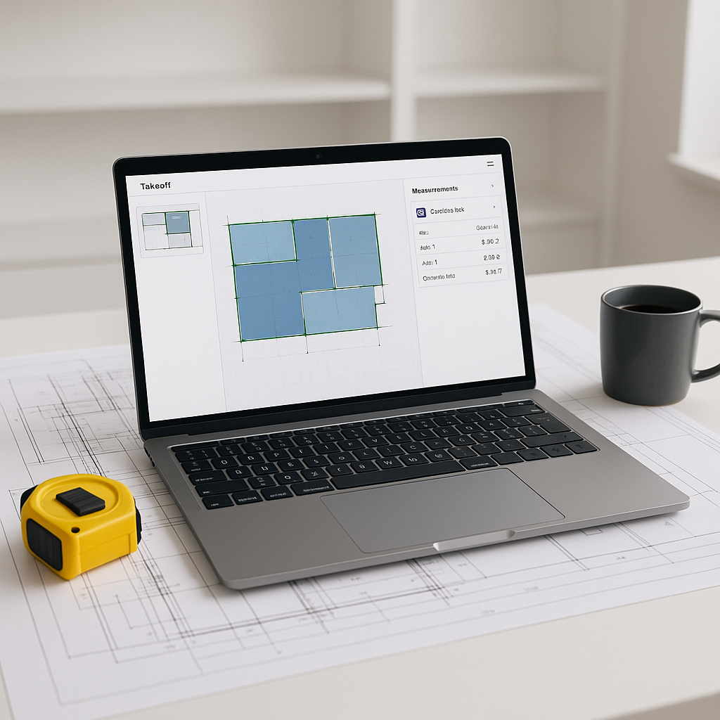 A construction estimator's desk with a laptop displaying an AI-powered takeoff tool, alongside blueprint drawings, a tap...