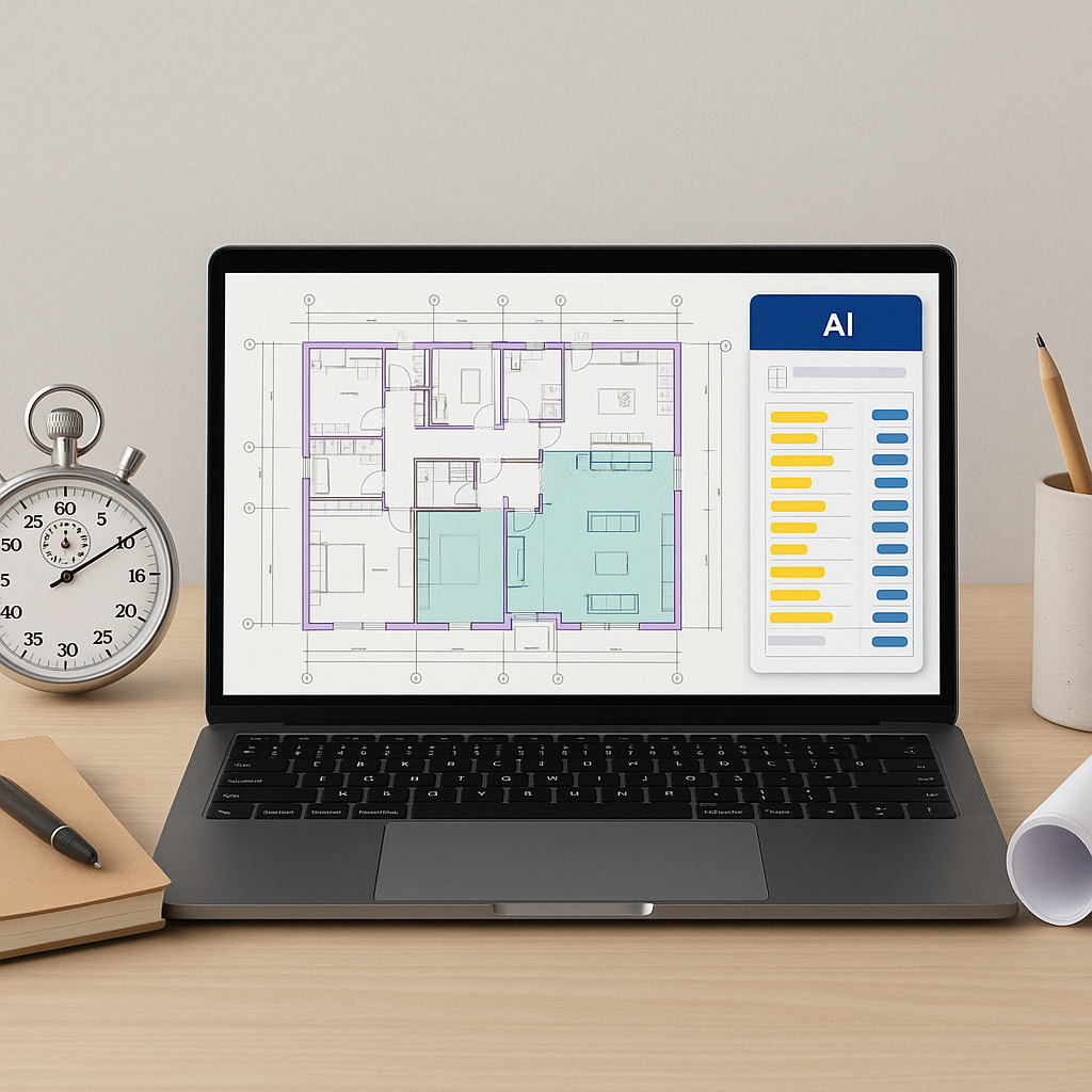 A modern construction estimator's desk with a laptop displaying an AI-powered takeoff tool analyzing a detailed floor pl...