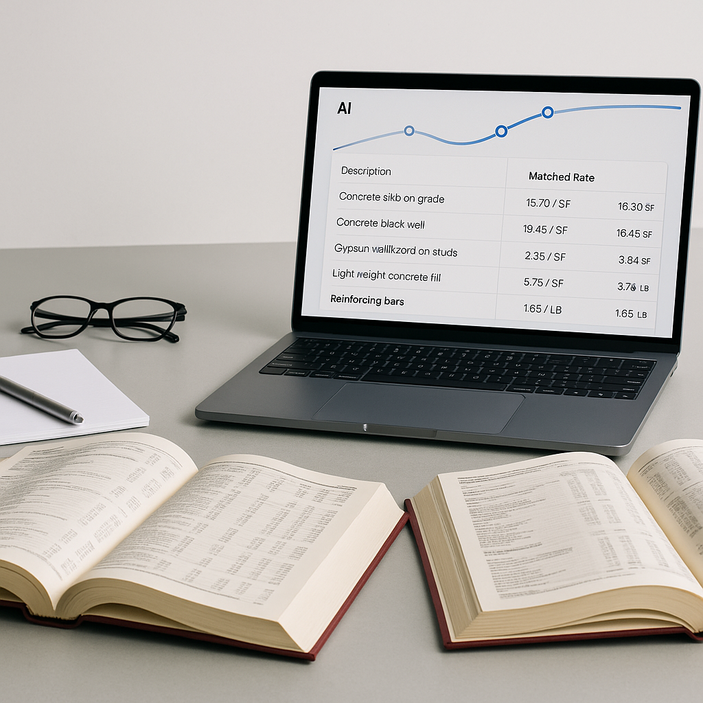 A construction estimator's desk featuring open rate books and a laptop screen showing AI-powered rate matching software...