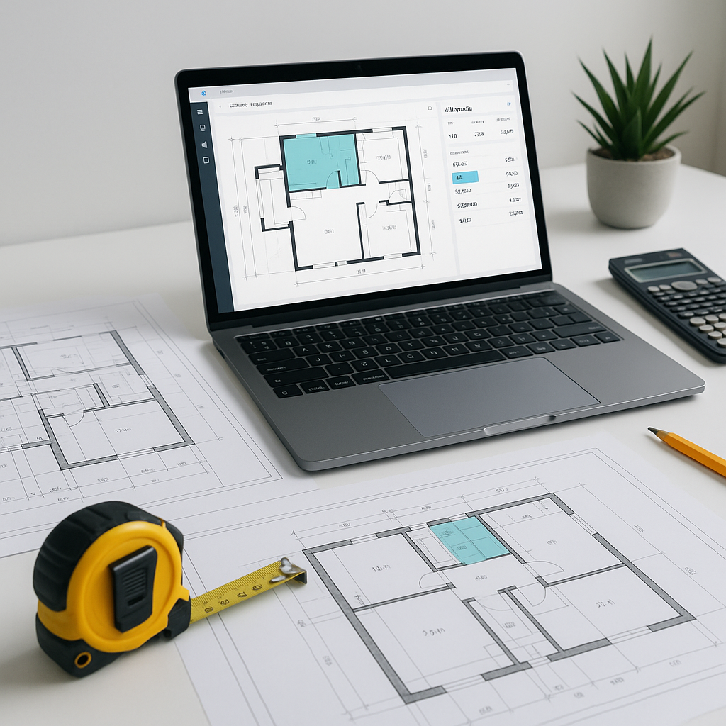 A sleek digital workspace showing a construction estimator's desk with architectural drawings, a laptop displaying AI-po...