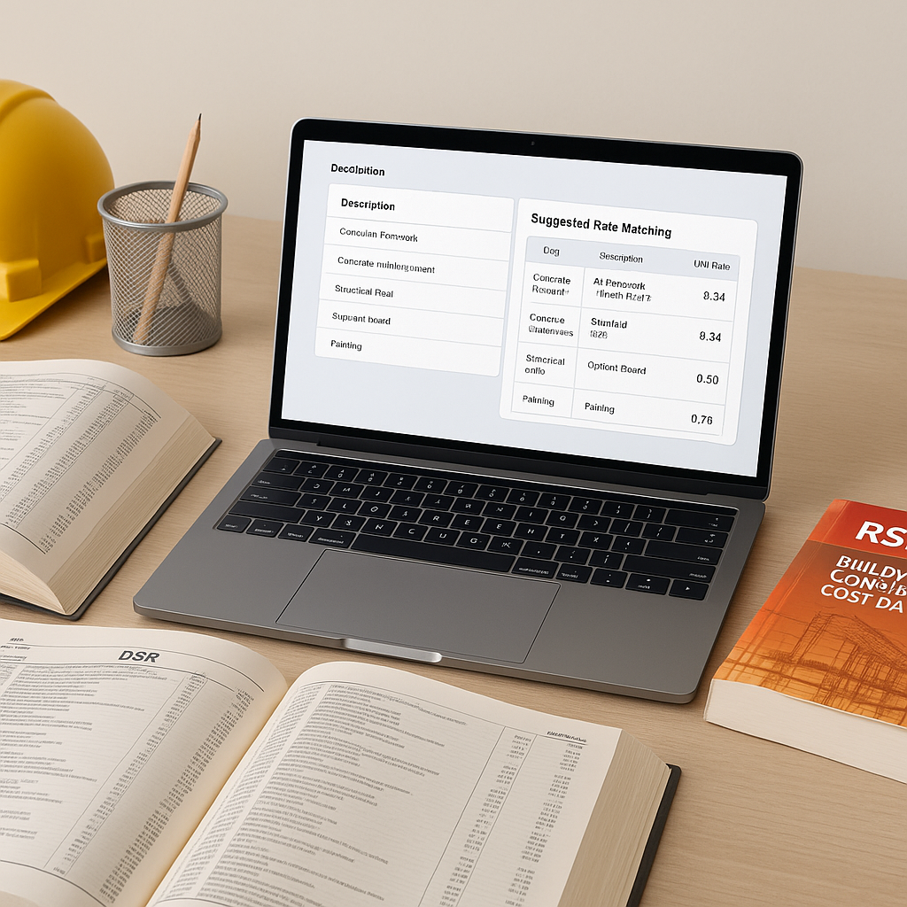A construction estimator's desk with a laptop showing AI-powered rate matching software, surrounded by open DSR and RSMe...