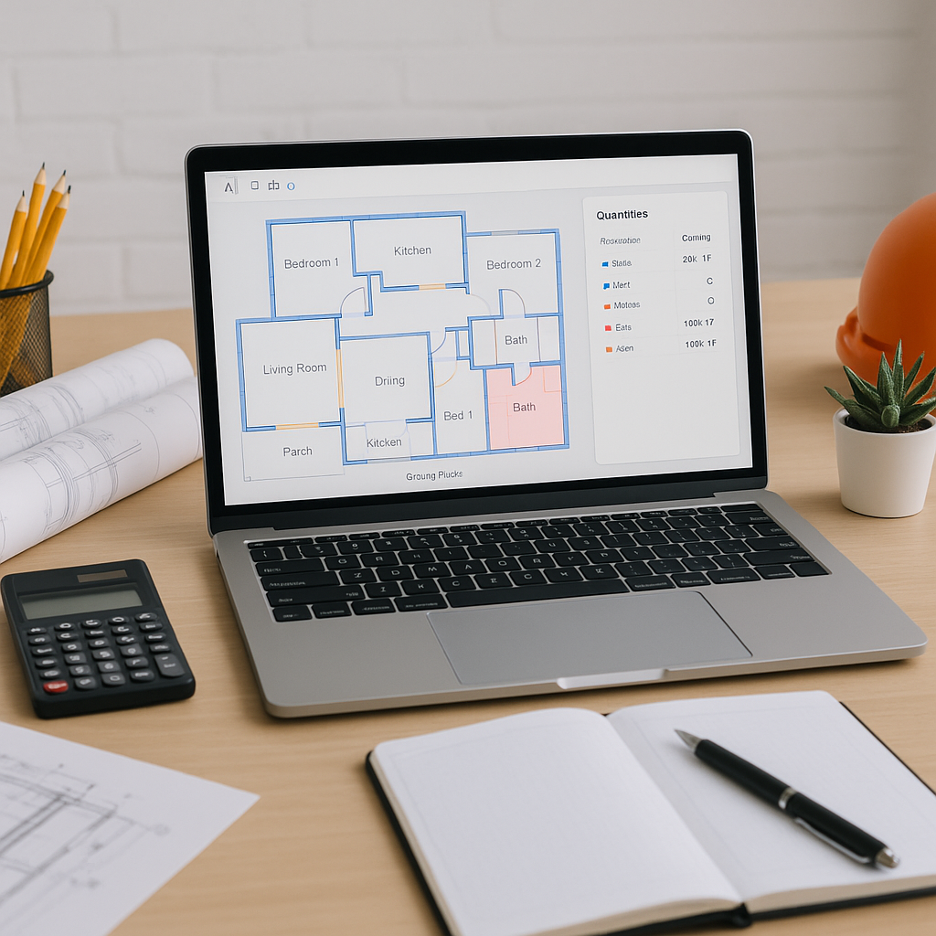 A construction estimator's desk with a laptop showing an AI-powered takeoff software interface extracting quantities fro...
