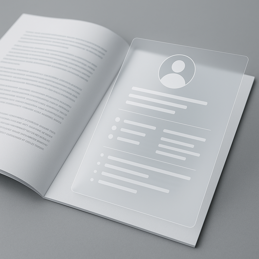 An open document with unread text on one side and a transparent digital resume interface on the other, symbolizing clari...