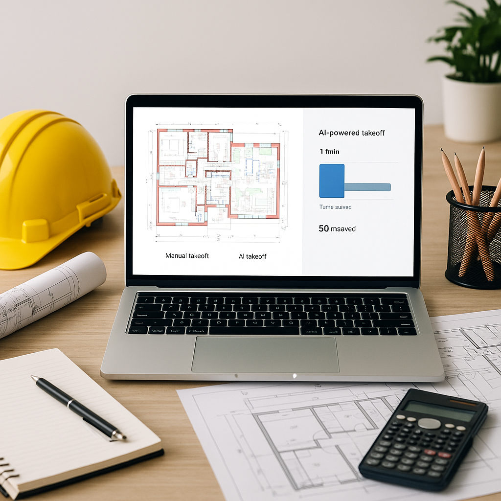 A modern construction estimator's desk with a laptop screen showing AI-powered takeoff software analyzing a PDF drawing,...