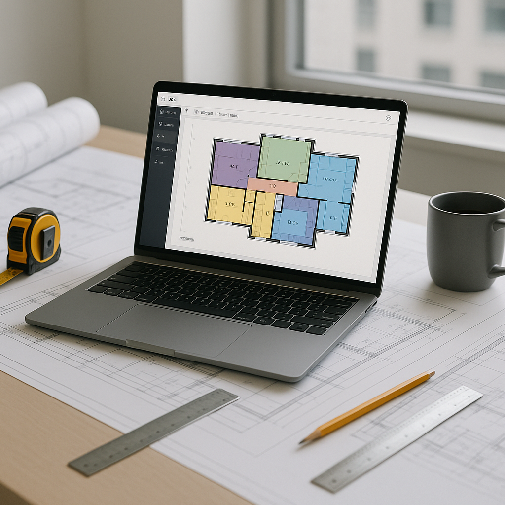 A modern construction estimator's desk with a laptop displaying an AI-powered takeoff tool analyzing a PDF floor plan. I...