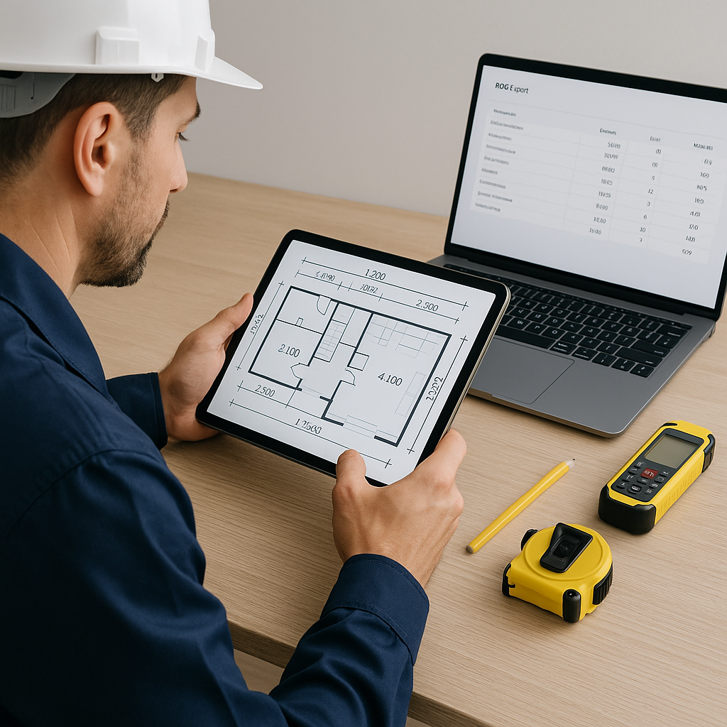 A professional contractor reviewing digital blueprints on a tablet with measurement tools overlaid, alongside a laptop s...