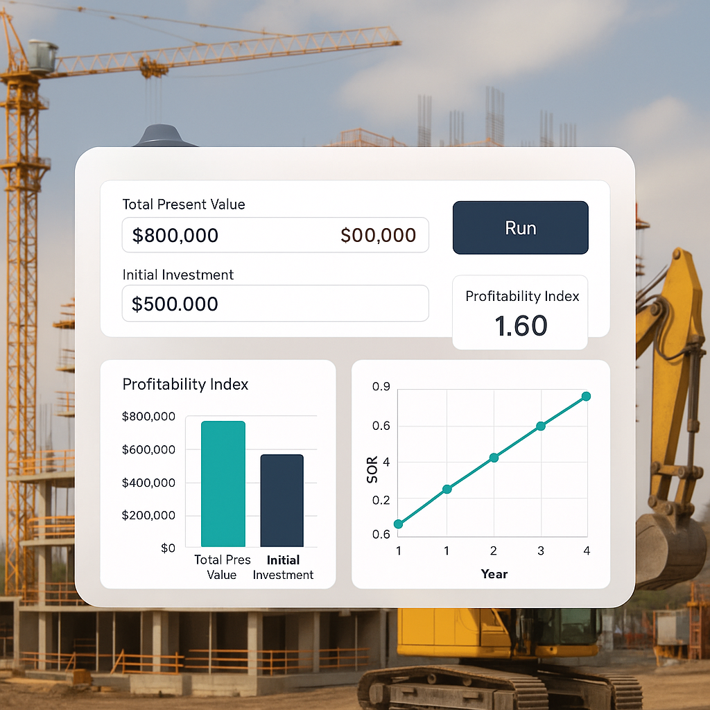 An AI tool interface on a construction site background, showing a profitability index calculation with clear charts and...
