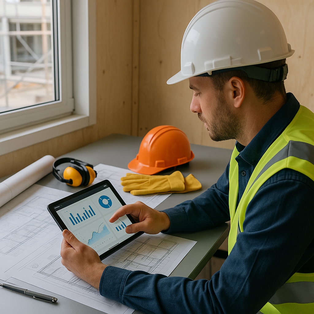 A candid image of a construction site office with a contractor reviewing a digital dashboard on a tablet, surrounded by...