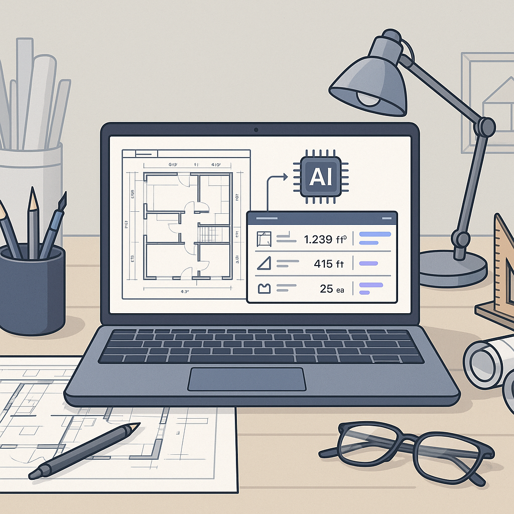 A detailed illustration of an architect’s desk with AI-powered construction estimation software on a laptop, showing aut...