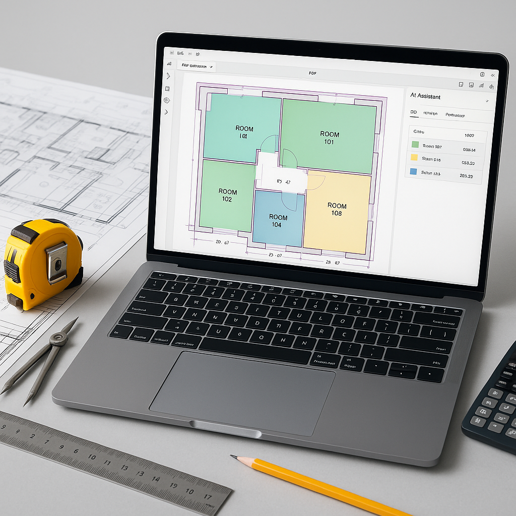 A modern estimator's desk with a laptop showing AI-powered takeoff software analyzing a PDF drawing. Include constructio...