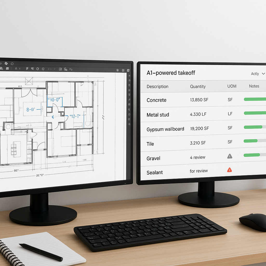 A construction estimator's desk with PDF drawings on one screen and AI-powered takeoff software extracting quantities on...