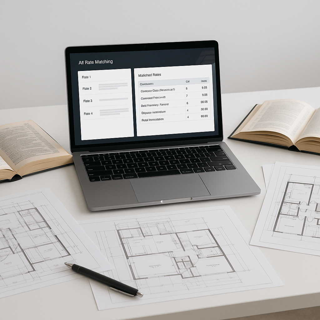 A construction estimator's desk with a laptop showing AI rate matching software, surrounded by open rate books and proje...