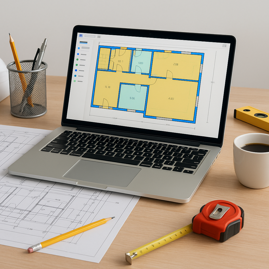 A construction estimator's desk with a laptop running AI-powered takeoff software. The screen displays a drawing with hi...
