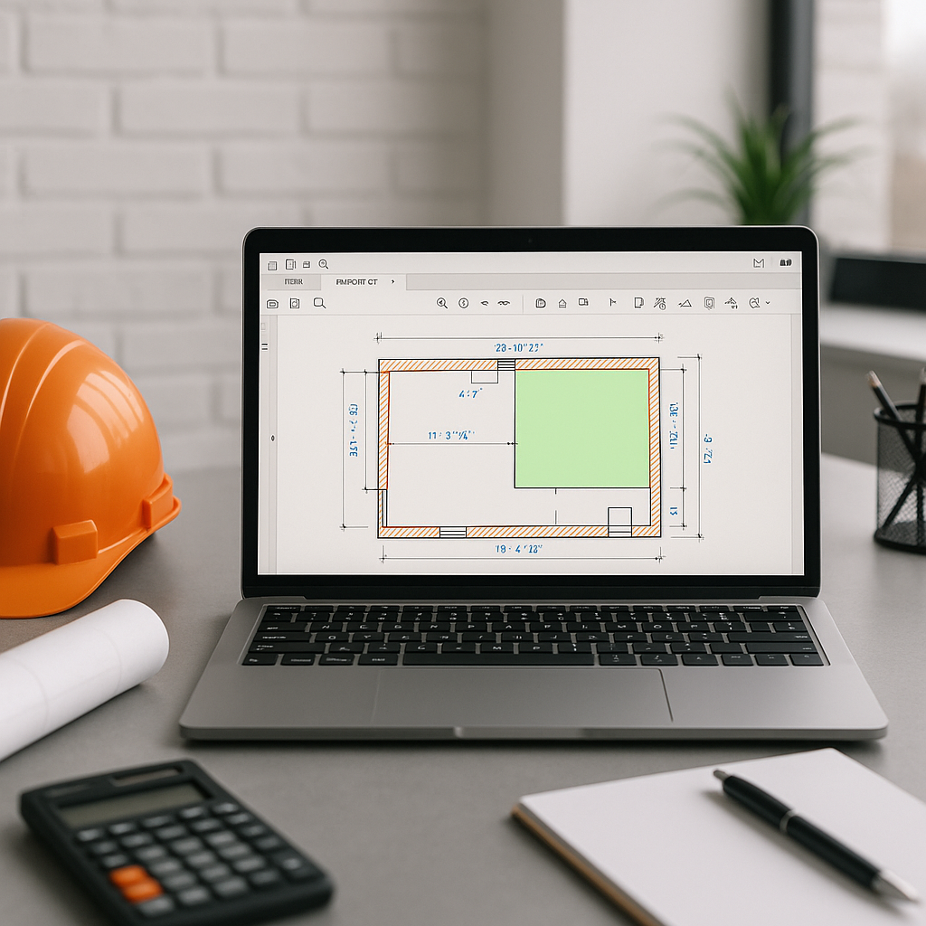 A modern construction estimator's desk with a laptop running AI-powered takeoff software, showing a PDF blueprint with h...