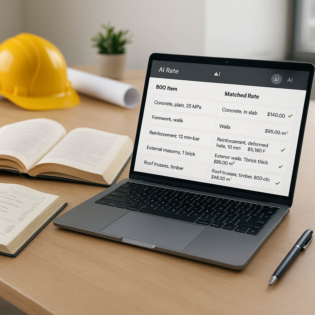 A construction estimator's desk with an AI-powered software interface showing BOQ rate matching results. Include open ra...