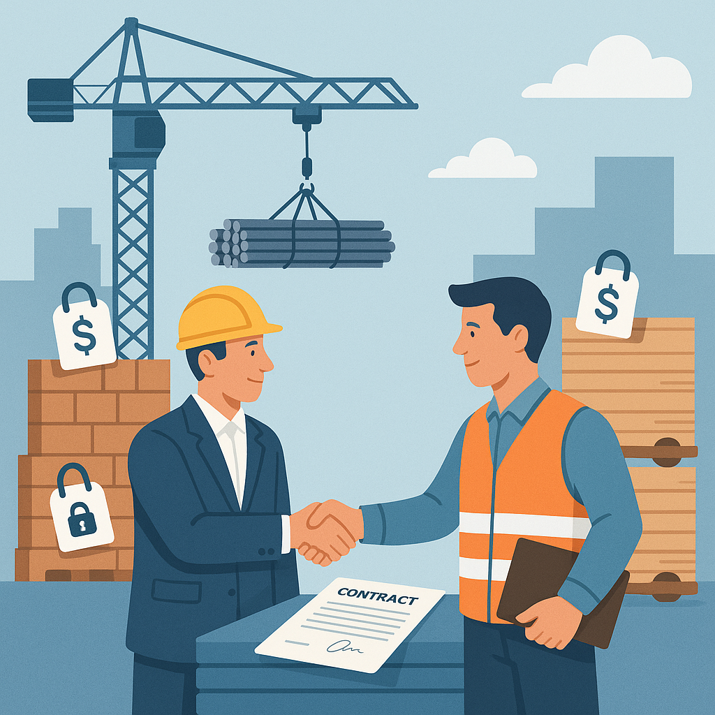 An illustration of a construction site with a crane lifting steel rebar, while a contractor and supplier shake hands ove...