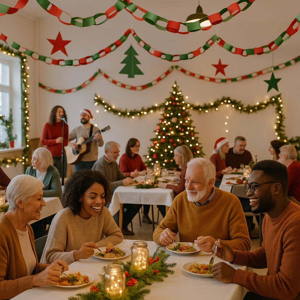 A festive community hall decorated for Christmas, featuring DIY decorations like paper garlands, mason jar centerpieces,...