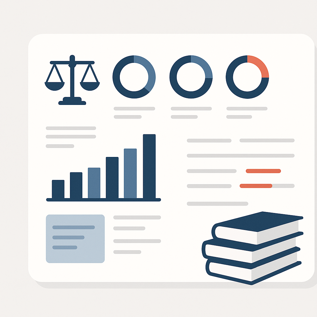 A minimalist, modern illustration of a study dashboard with analytics charts and highlighted weak topics. Include legal-...