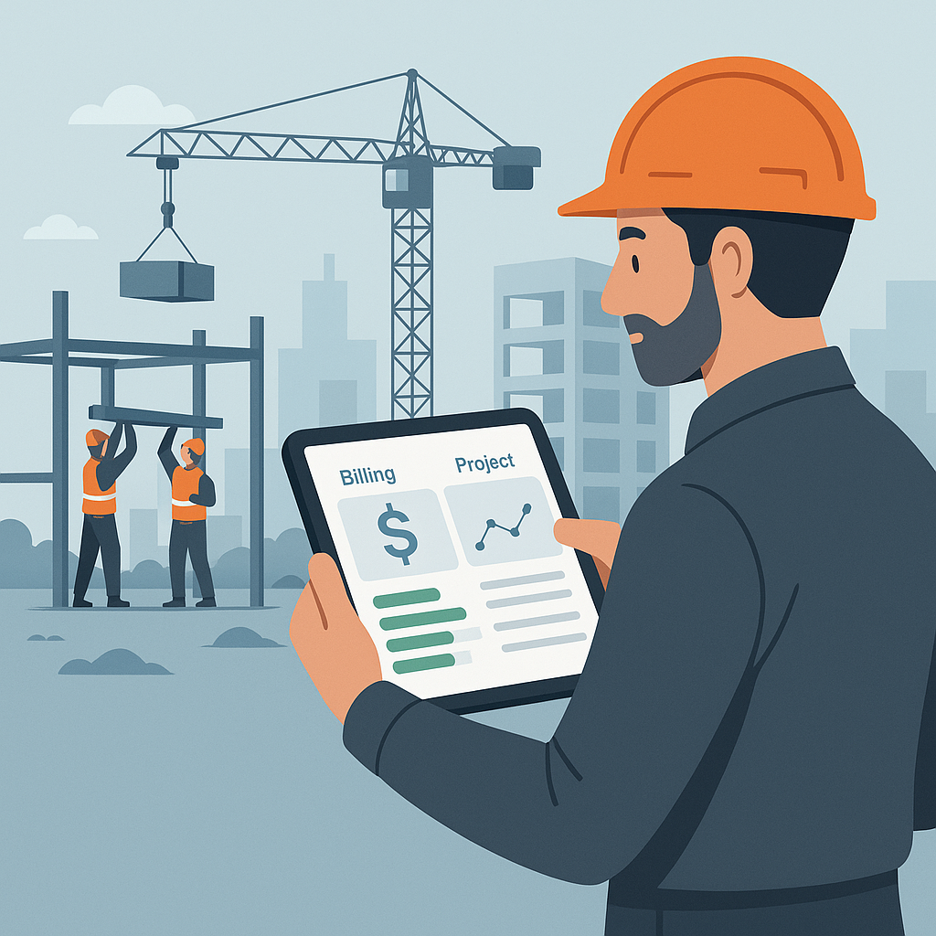 An illustration of a construction site with a project manager reviewing a tablet showing a digital dashboard for billing...