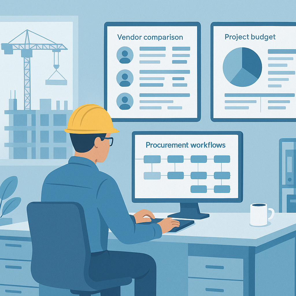 A detailed illustration of a construction site office with digital screens showing procurement workflows, vendor compari...