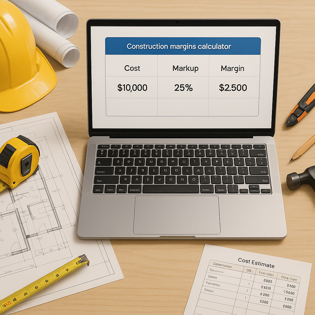 A realistic illustration of a contractor's desk with a laptop showing a construction margins calculator, surrounded by b...