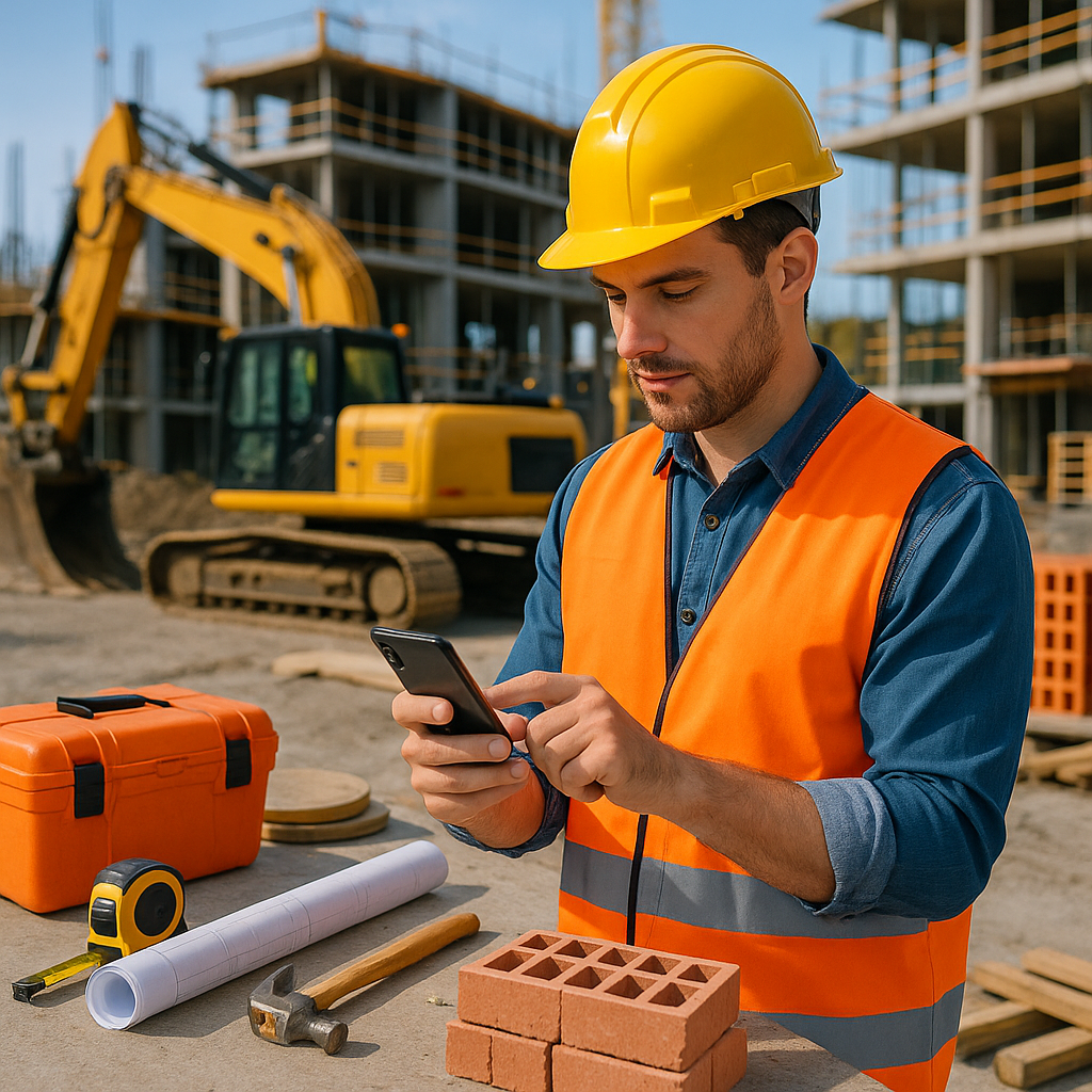 A contractor on a construction site using a mobile app to create a BOQ, surrounded by tools, materials, and machinery. V...
