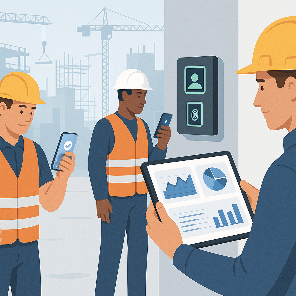 A construction site with workers clocking in via a mobile app, a manager reviewing real-time dashboards on a tablet, and...